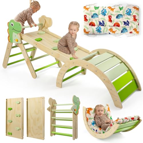 7-in-1 Montessori Kletterdreieck Set mit Rutsche, Kletterbogen & weichem Kissen – Holz...