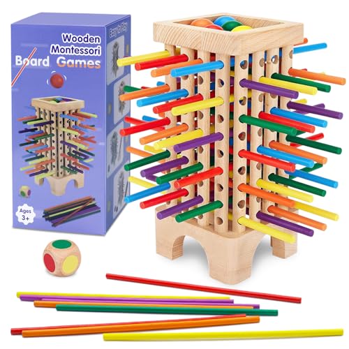 PQETBV Montessori Spiel Brettspiel aus Holz, 42 Stück Bunte Holzstäbchen Lernspielzeug,...